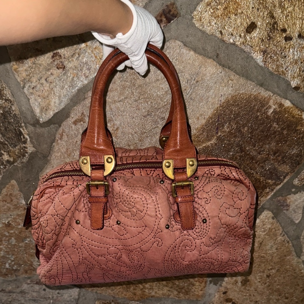 Etro Coral and Tan Embroidered Satchel - Picture 2 of 14